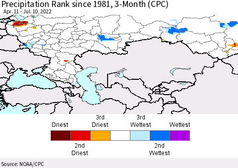 Russian Federation Precipitation Rank since 1981, 3-Month (CPC) Thematic Map For 4/11/2022 - 7/10/2022
