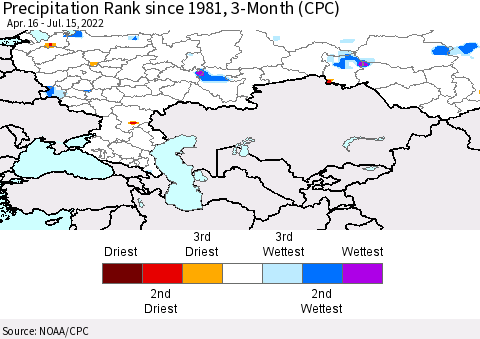 Russian Federation Precipitation Rank since 1981, 3-Month (CPC) Thematic Map For 4/16/2022 - 7/15/2022