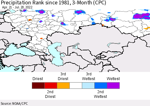 Russian Federation Precipitation Rank since 1981, 3-Month (CPC) Thematic Map For 4/21/2022 - 7/20/2022