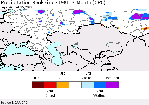 Russian Federation Precipitation Rank since 1981, 3-Month (CPC) Thematic Map For 4/26/2022 - 7/25/2022