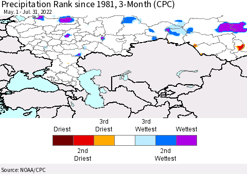 Russian Federation Precipitation Rank since 1981, 3-Month (CPC) Thematic Map For 5/1/2022 - 7/31/2022