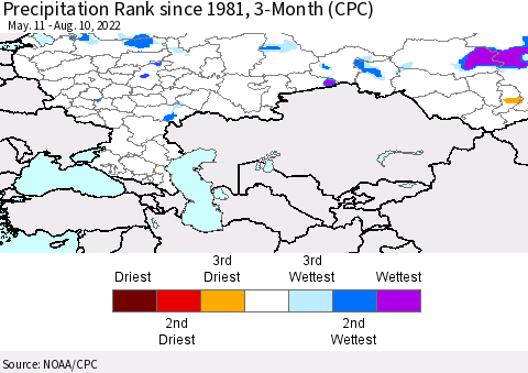 Russian Federation Precipitation Rank since 1981, 3-Month (CPC) Thematic Map For 5/11/2022 - 8/10/2022