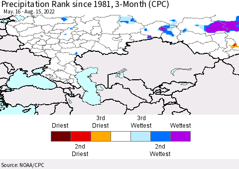 Russian Federation Precipitation Rank since 1981, 3-Month (CPC) Thematic Map For 5/16/2022 - 8/15/2022