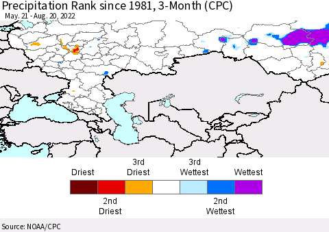 Russian Federation Precipitation Rank since 1981, 3-Month (CPC) Thematic Map For 5/21/2022 - 8/20/2022