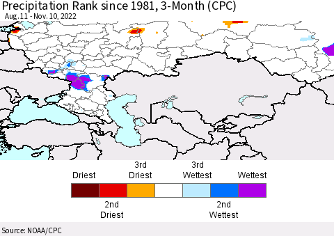 Russian Federation Precipitation Rank since 1981, 3-Month (CPC) Thematic Map For 8/11/2022 - 11/10/2022