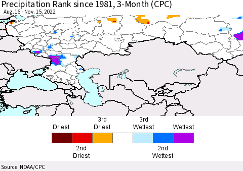 Russian Federation Precipitation Rank since 1981, 3-Month (CPC) Thematic Map For 8/16/2022 - 11/15/2022
