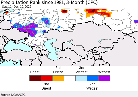 Russian Federation Precipitation Rank since 1981, 3-Month (CPC) Thematic Map For 9/11/2022 - 12/10/2022