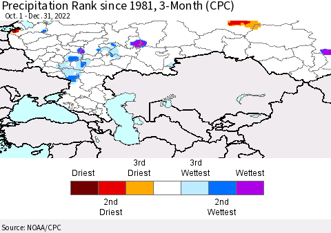 Russian Federation Precipitation Rank since 1981, 3-Month (CPC) Thematic Map For 10/1/2022 - 12/31/2022