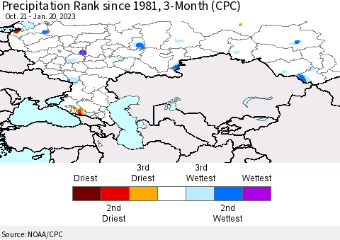 Russian Federation Precipitation Rank since 1981, 3-Month (CPC) Thematic Map For 10/21/2022 - 1/20/2023