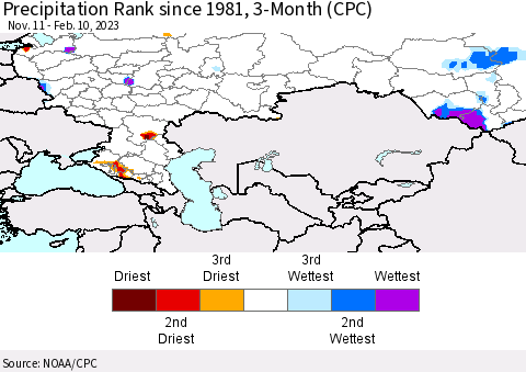 Russian Federation Precipitation Rank since 1981, 3-Month (CPC) Thematic Map For 11/11/2022 - 2/10/2023