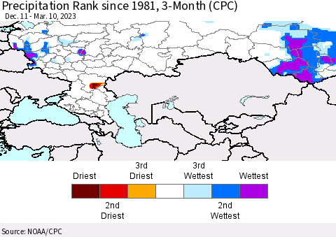 Russian Federation Precipitation Rank since 1981, 3-Month (CPC) Thematic Map For 12/11/2022 - 3/10/2023