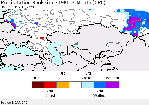Russian Federation Precipitation Rank since 1981, 3-Month (CPC) Thematic Map For 12/16/2022 - 3/15/2023