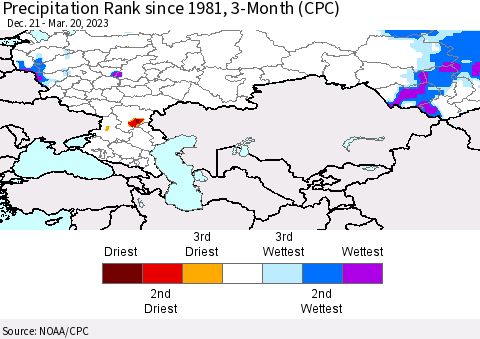 Russian Federation Precipitation Rank since 1981, 3-Month (CPC) Thematic Map For 12/21/2022 - 3/20/2023