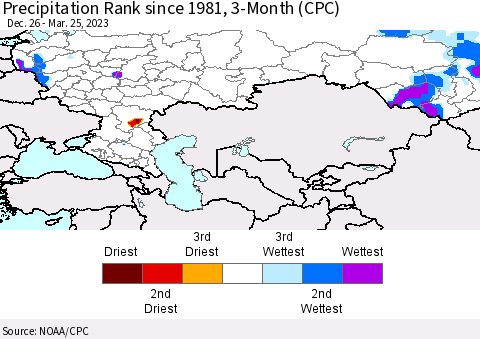 Russian Federation Precipitation Rank since 1981, 3-Month (CPC) Thematic Map For 12/26/2022 - 3/25/2023