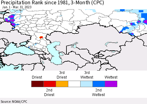 Russian Federation Precipitation Rank since 1981, 3-Month (CPC) Thematic Map For 1/1/2023 - 3/31/2023