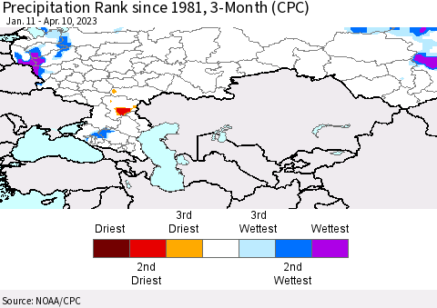 Russian Federation Precipitation Rank since 1981, 3-Month (CPC) Thematic Map For 1/11/2023 - 4/10/2023