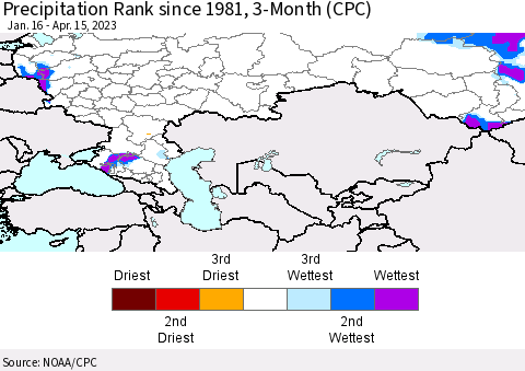 Russian Federation Precipitation Rank since 1981, 3-Month (CPC) Thematic Map For 1/16/2023 - 4/15/2023