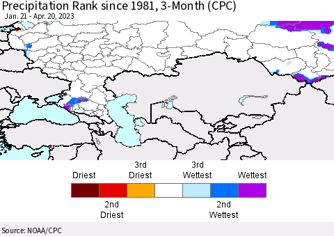 Russian Federation Precipitation Rank since 1981, 3-Month (CPC) Thematic Map For 1/21/2023 - 4/20/2023