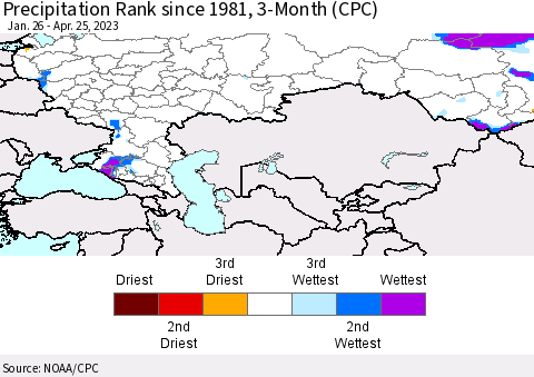 Russian Federation Precipitation Rank since 1981, 3-Month (CPC) Thematic Map For 1/26/2023 - 4/25/2023