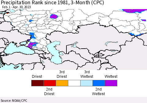Russian Federation Precipitation Rank since 1981, 3-Month (CPC) Thematic Map For 2/1/2023 - 4/30/2023
