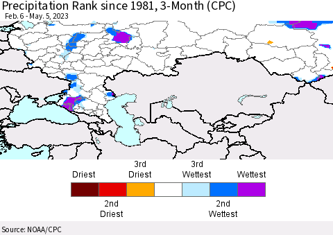 Russian Federation Precipitation Rank since 1981, 3-Month (CPC) Thematic Map For 2/6/2023 - 5/5/2023