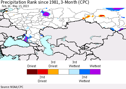 Russian Federation Precipitation Rank since 1981, 3-Month (CPC) Thematic Map For 2/16/2023 - 5/15/2023