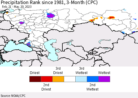 Russian Federation Precipitation Rank since 1981, 3-Month (CPC) Thematic Map For 2/21/2023 - 5/20/2023