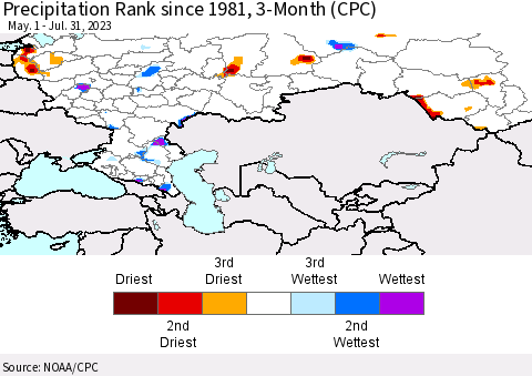 Russian Federation Precipitation Rank since 1981, 3-Month (CPC) Thematic Map For 5/1/2023 - 7/31/2023