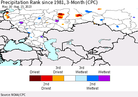 Russian Federation Precipitation Rank since 1981, 3-Month (CPC) Thematic Map For 5/16/2023 - 8/15/2023