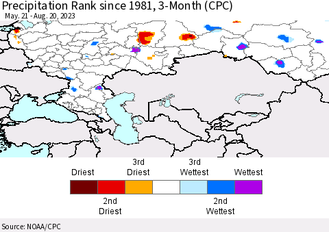 Russian Federation Precipitation Rank since 1981, 3-Month (CPC) Thematic Map For 5/21/2023 - 8/20/2023