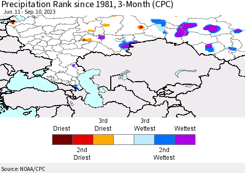 Russian Federation Precipitation Rank since 1981, 3-Month (CPC) Thematic Map For 6/11/2023 - 9/10/2023