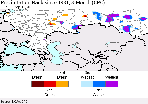 Russian Federation Precipitation Rank since 1981, 3-Month (CPC) Thematic Map For 6/16/2023 - 9/15/2023
