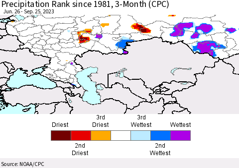 Russian Federation Precipitation Rank since 1981, 3-Month (CPC) Thematic Map For 6/26/2023 - 9/25/2023
