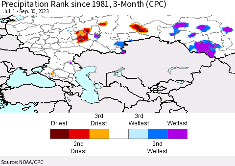 Russian Federation Precipitation Rank since 1981, 3-Month (CPC) Thematic Map For 7/1/2023 - 9/30/2023