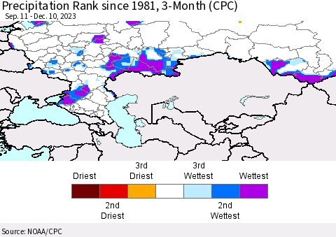 Russian Federation Precipitation Rank since 1981, 3-Month (CPC) Thematic Map For 9/11/2023 - 12/10/2023