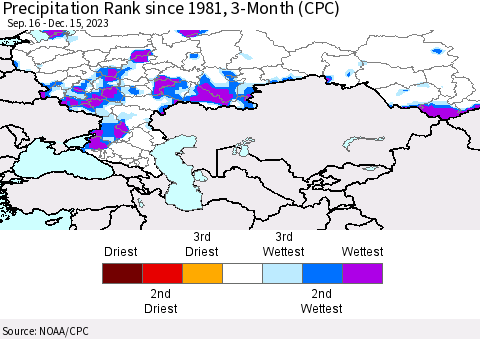 Russian Federation Precipitation Rank since 1981, 3-Month (CPC) Thematic Map For 9/16/2023 - 12/15/2023