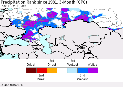 Russian Federation Precipitation Rank since 1981, 3-Month (CPC) Thematic Map For 11/1/2023 - 1/31/2024
