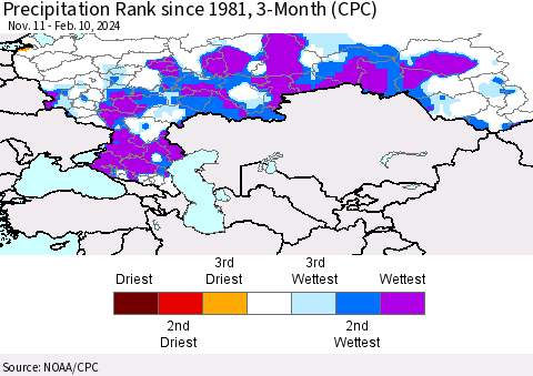 Russian Federation Precipitation Rank since 1981, 3-Month (CPC) Thematic Map For 11/11/2023 - 2/10/2024