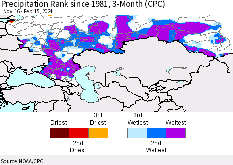 Russian Federation Precipitation Rank since 1981, 3-Month (CPC) Thematic Map For 11/16/2023 - 2/15/2024