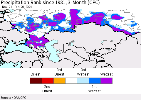 Russian Federation Precipitation Rank since 1981, 3-Month (CPC) Thematic Map For 11/21/2023 - 2/20/2024