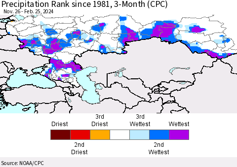 Russian Federation Precipitation Rank since 1981, 3-Month (CPC) Thematic Map For 11/26/2023 - 2/25/2024