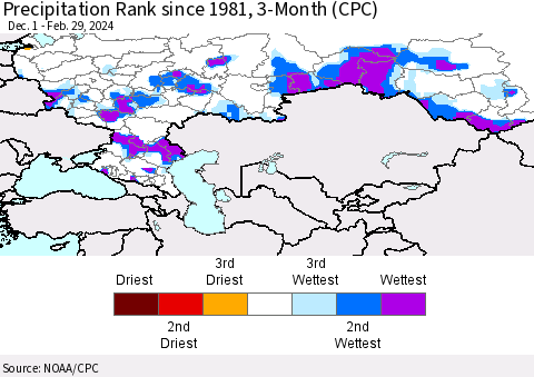 Russian Federation Precipitation Rank since 1981, 3-Month (CPC) Thematic Map For 12/1/2023 - 2/29/2024