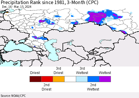 Russian Federation Precipitation Rank since 1981, 3-Month (CPC) Thematic Map For 12/16/2023 - 3/15/2024