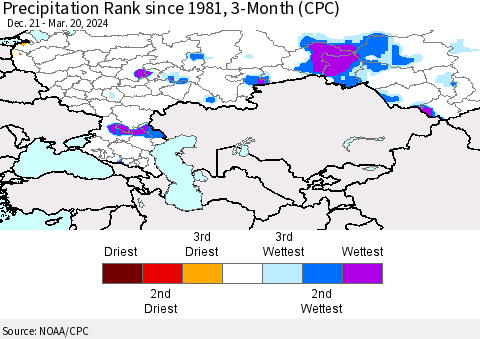 Russian Federation Precipitation Rank since 1981, 3-Month (CPC) Thematic Map For 12/21/2023 - 3/20/2024