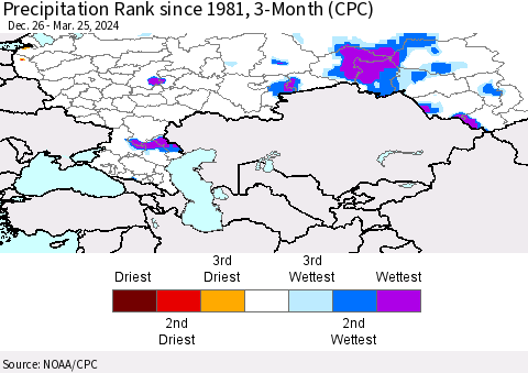 Russian Federation Precipitation Rank since 1981, 3-Month (CPC) Thematic Map For 12/26/2023 - 3/25/2024