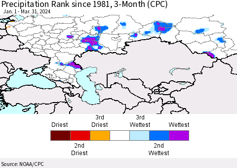 Russian Federation Precipitation Rank since 1981, 3-Month (CPC) Thematic Map For 1/1/2024 - 3/31/2024