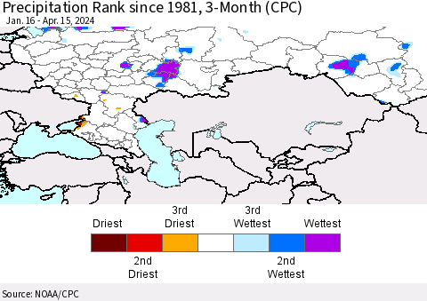 Russian Federation Precipitation Rank since 1981, 3-Month (CPC) Thematic Map For 1/16/2024 - 4/15/2024