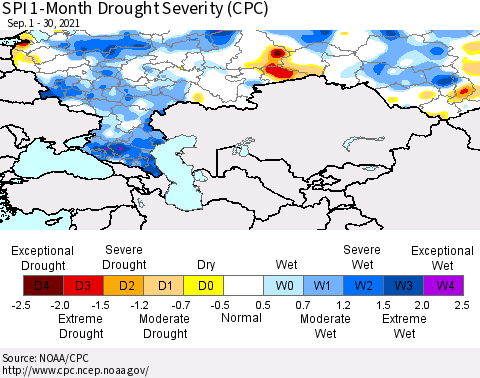 Russian Federation SPI 1-Month Drought Severity (CPC) Thematic Map For 9/1/2021 - 9/30/2021