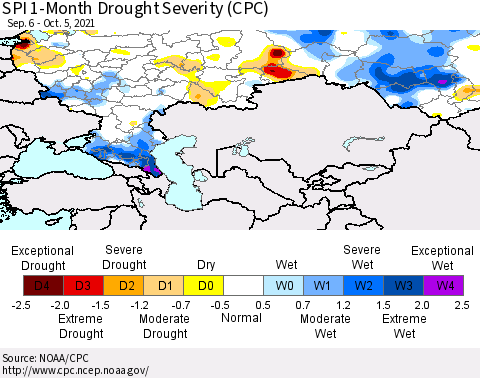 Russian Federation SPI 1-Month Drought Severity (CPC) Thematic Map For 9/6/2021 - 10/5/2021