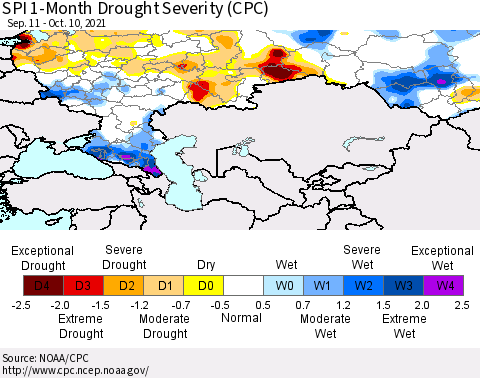 Russian Federation SPI 1-Month Drought Severity (CPC) Thematic Map For 9/11/2021 - 10/10/2021